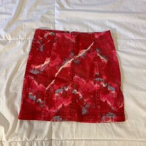 Free People Red Tie Dye Denim Mini Pencil Skirt